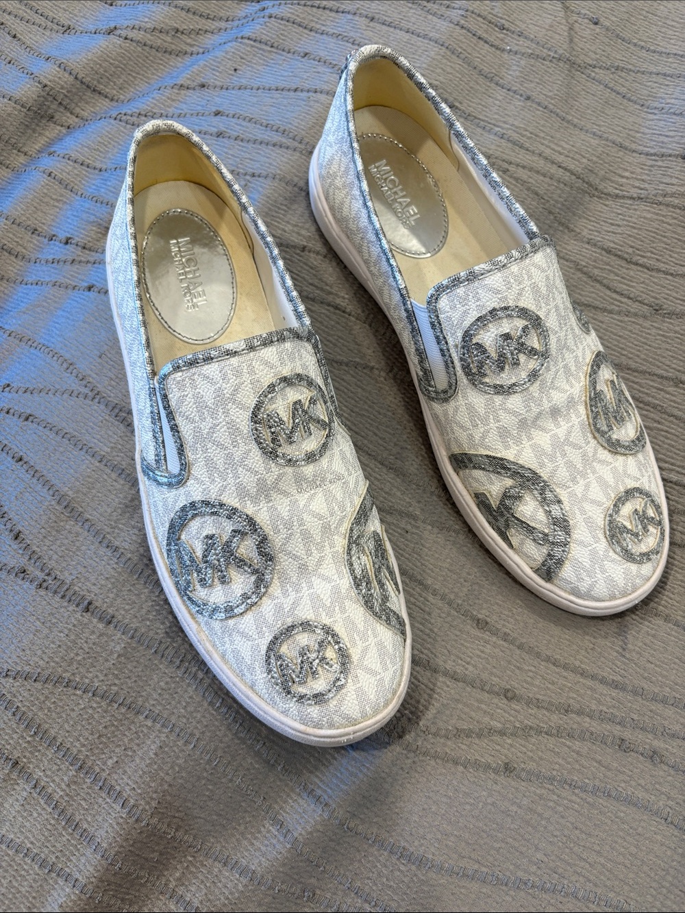 Michael Kors Silver White MK Logo Slip-On Shoes